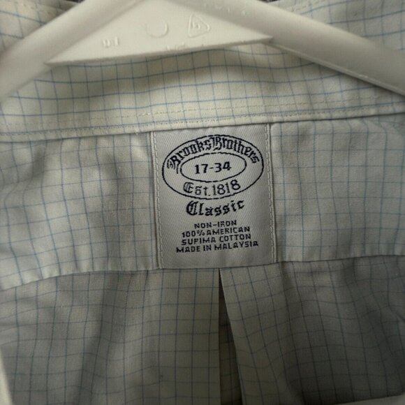 Brooks Brothers Classic Cotton Check Non-Iron Blue 17-34 Spread Men Shirt Adult - Picture 8 of 16